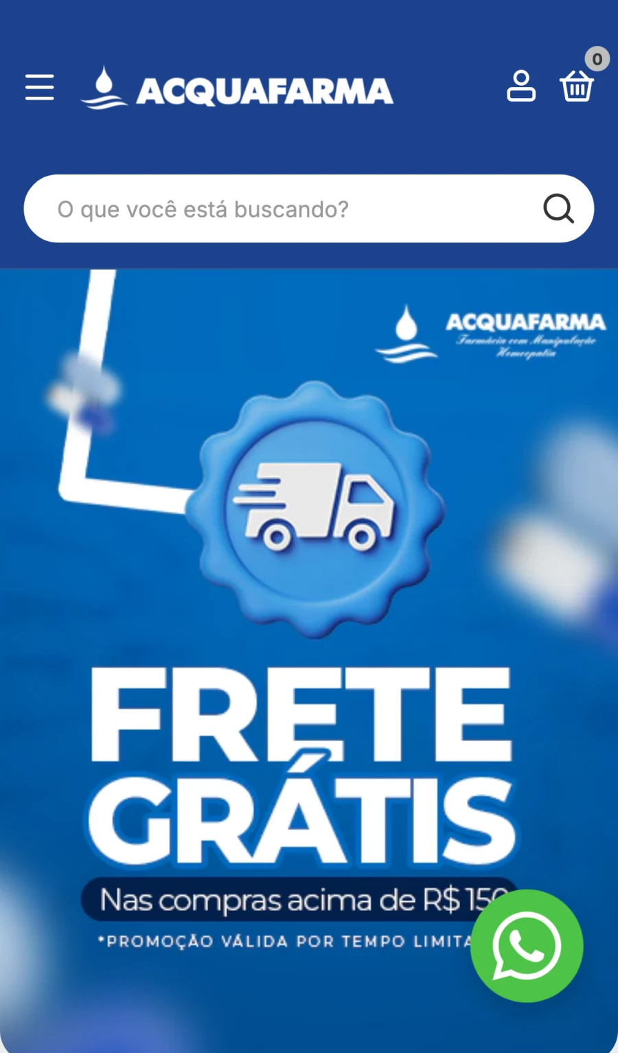 Loja Acquafarma vista no celular, com busca e categorias em coluna única.